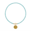 aqua beaded necklace with a gold pendant on a white background