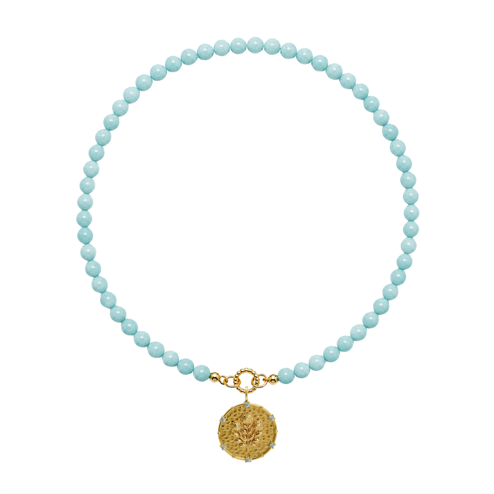 aqua beaded necklace with a gold pendant on a white background