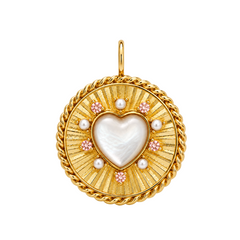 A round gold pendant featuring a central white mother-of-pearl heart, surrounded by small pink gemstones and white pearls, with a braided gold border and a hanging loop at the top, shown on a plain white background.