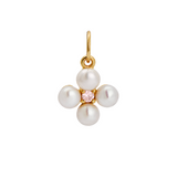 A gold flower-shaped pendant featuring four white freshwater pearls and a small pink cubic zirconia center stone, shown on a plain white background.