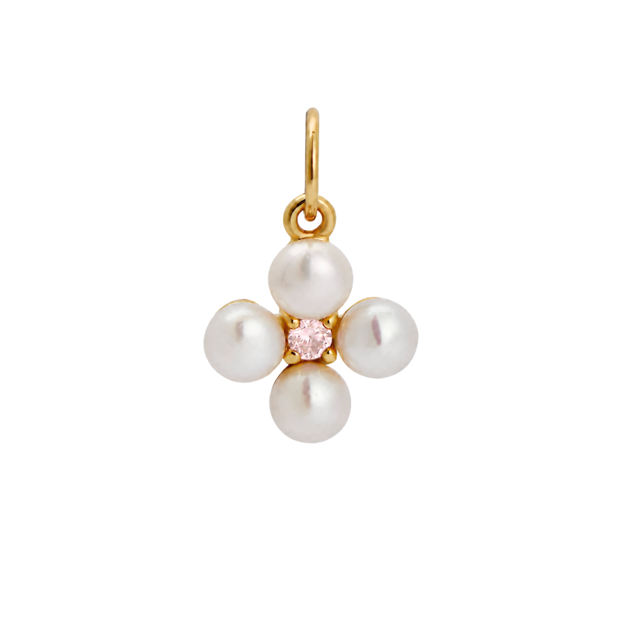 A gold flower-shaped pendant featuring four white freshwater pearls and a small pink cubic zirconia center stone, shown on a plain white background.