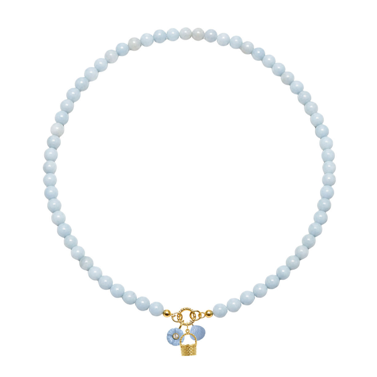 Necklace with light blue beads and a gold charm on a white background