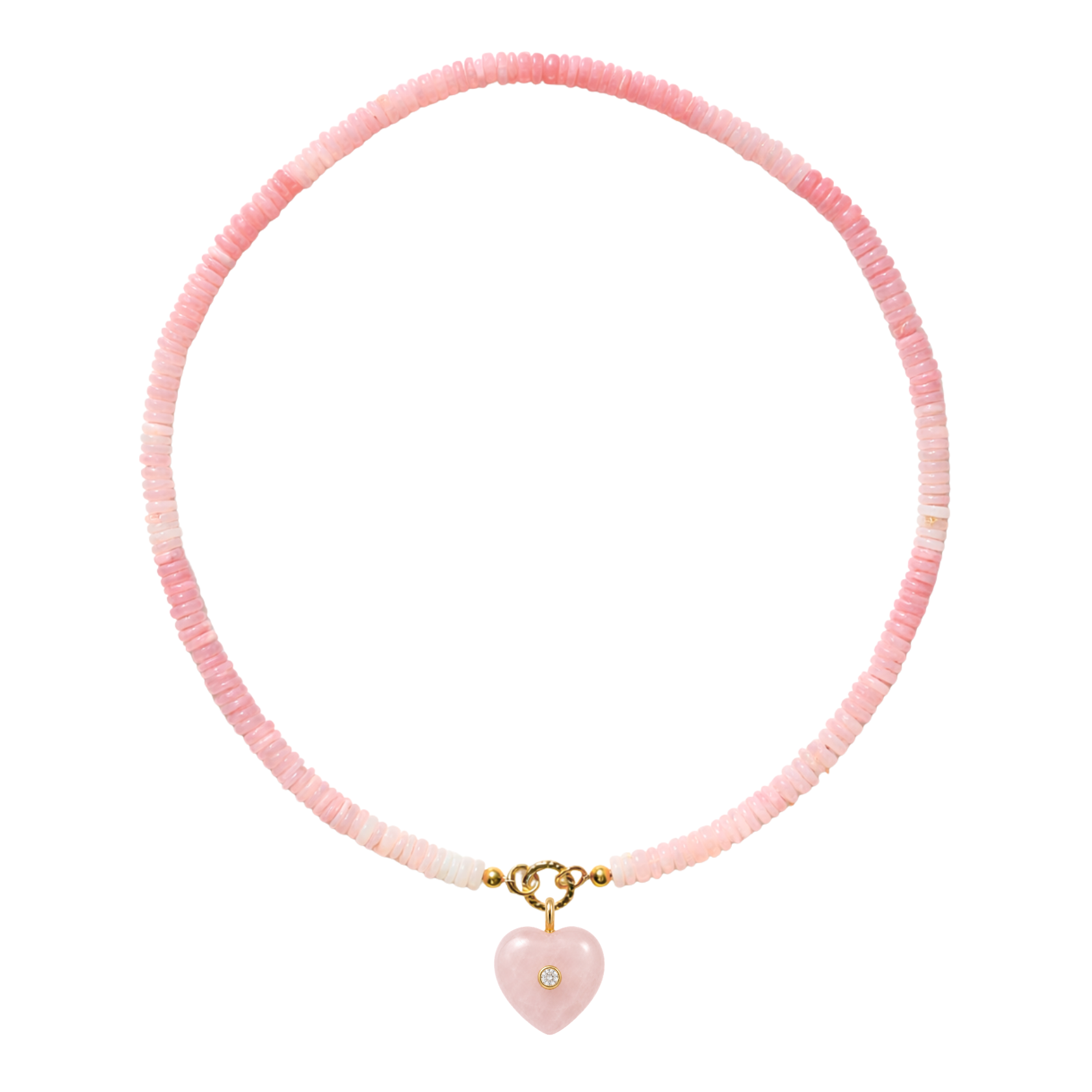 pink beaded necklace with a pink heart charm