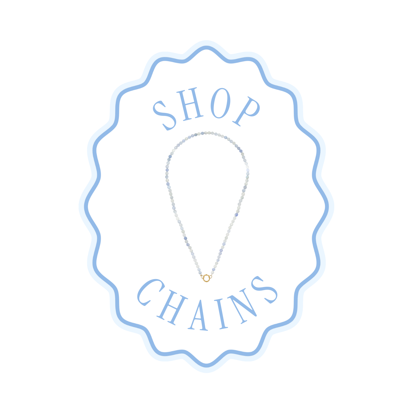"shop chains" in a scalloped frame graphic and a blue necklace