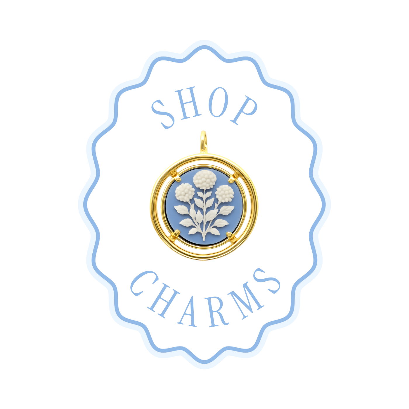 "shop charms" and a scalloped frame with a blue cameo pendant charm