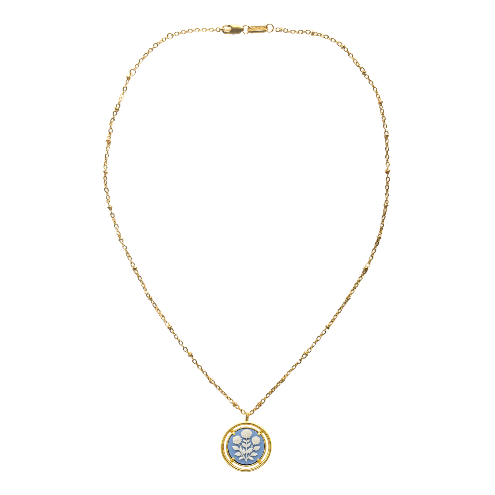 golden necklace with station beaded chain and blue cameo pendant