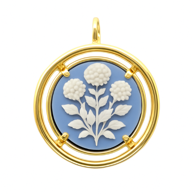Golden cameo pendant with blue and white floral design 