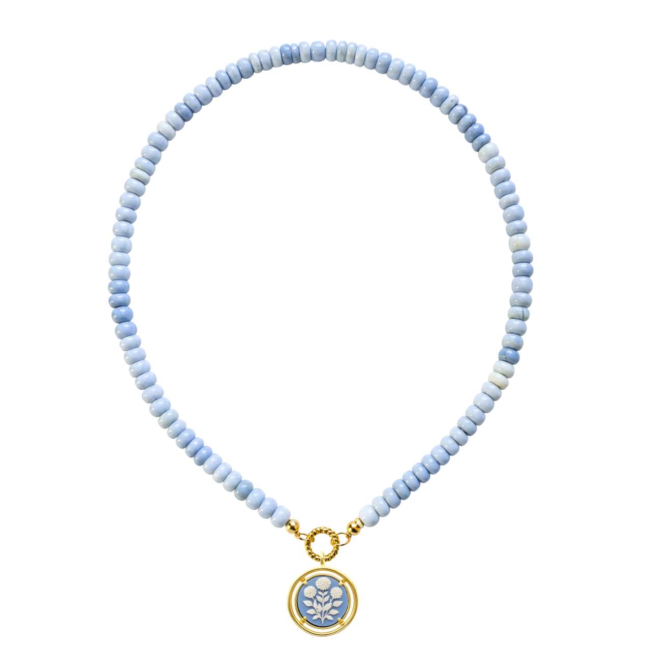 blue beaded necklace with blue cameo pendant