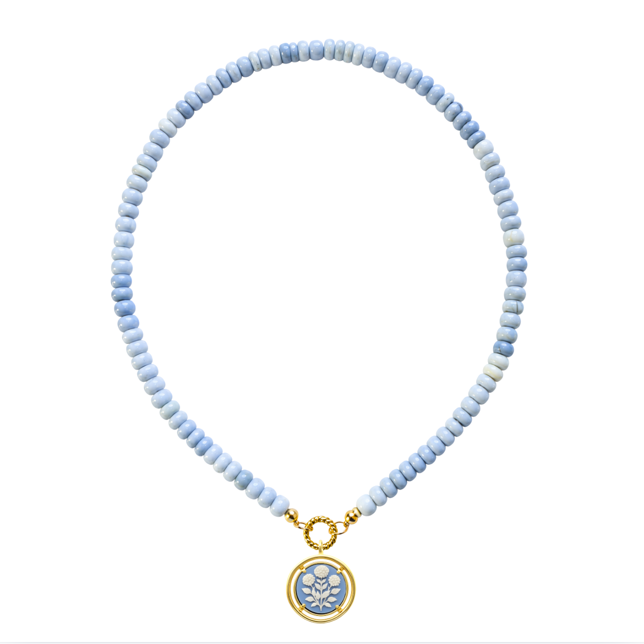 blue beaded necklace with blue cameo pendant
