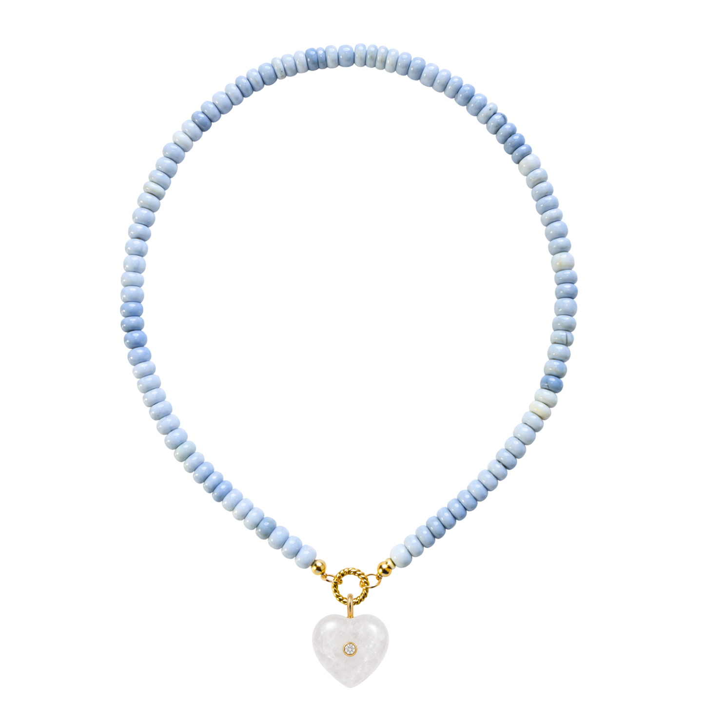 Necklace with light blue beads and a heart-shaped pendant on a white background