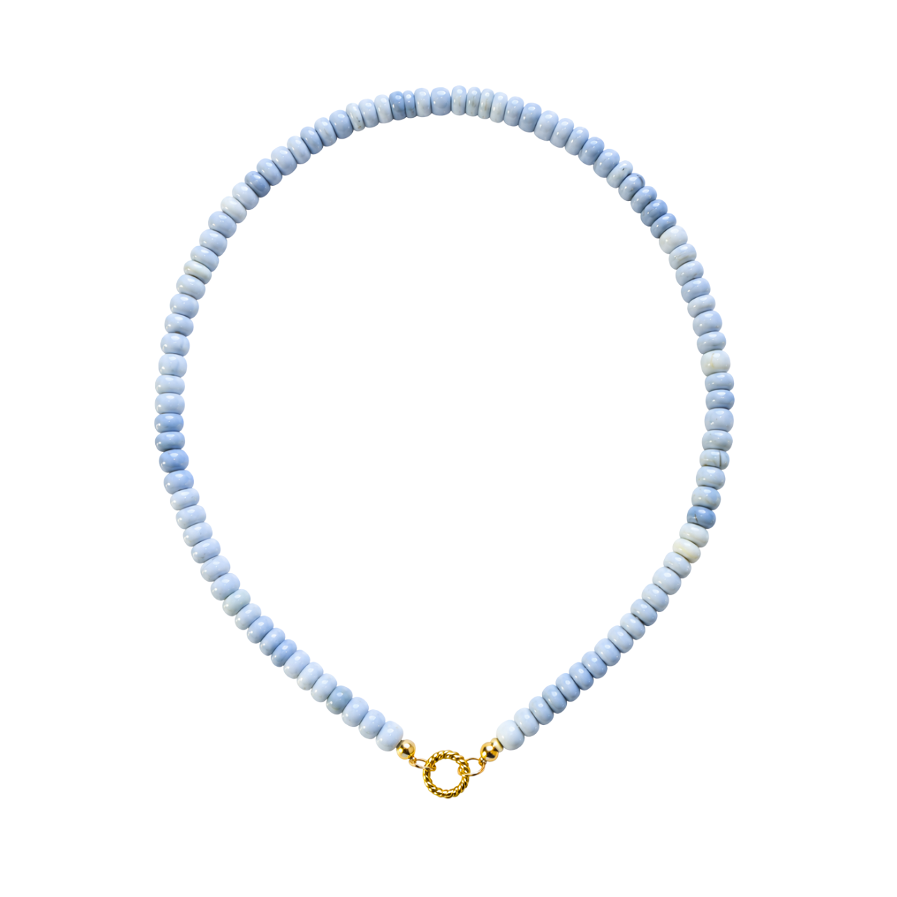 blue beaded necklace with gold charm keeper
