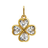 Golden clover charm with clear gemstones on a white background
