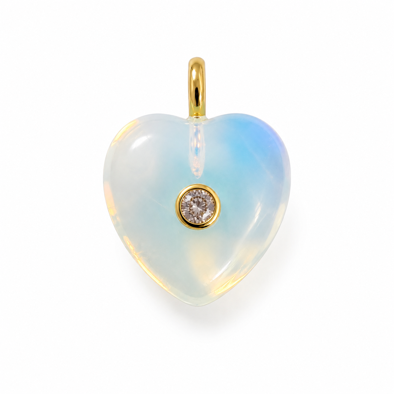Glowing opal iridescent heart charm with a gemstone inlay