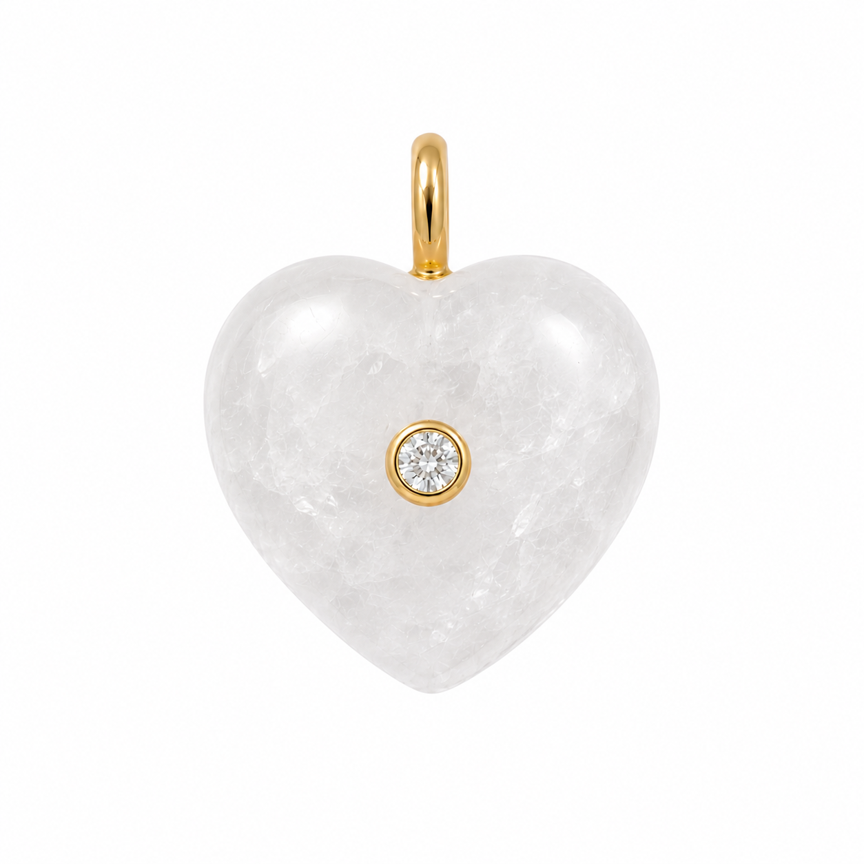 frosty stone heart charm with gemstone inlay on white background