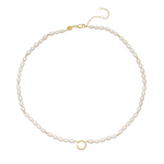 Pearl necklace with gold clasp on a white background