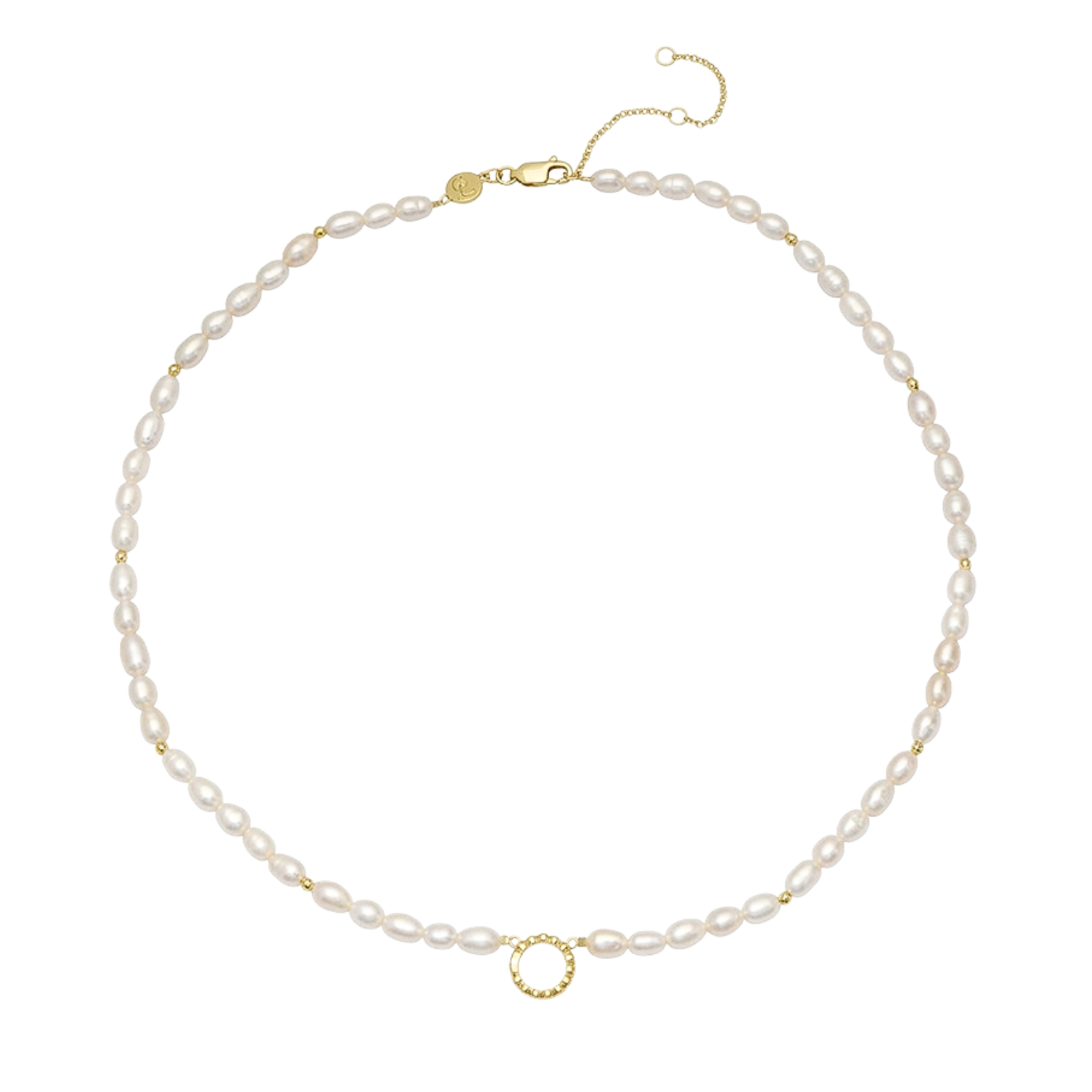 Pearl necklace with gold clasp on a white background