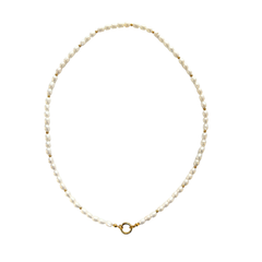 Pearl necklace with a gold clasp on a white background