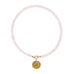 Pink beaded necklace with a gold charm on a white background