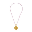 Necklace with pink beads and a gold pendant on a white background