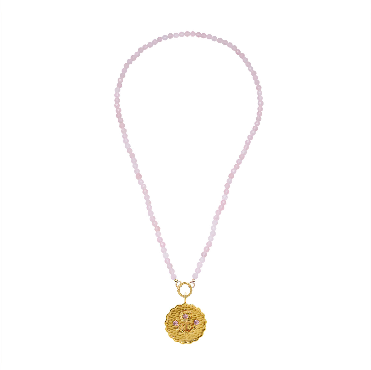 Necklace with pink beads and a gold pendant on a white background