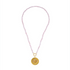Necklace with pink beads and a gold pendant on a white background