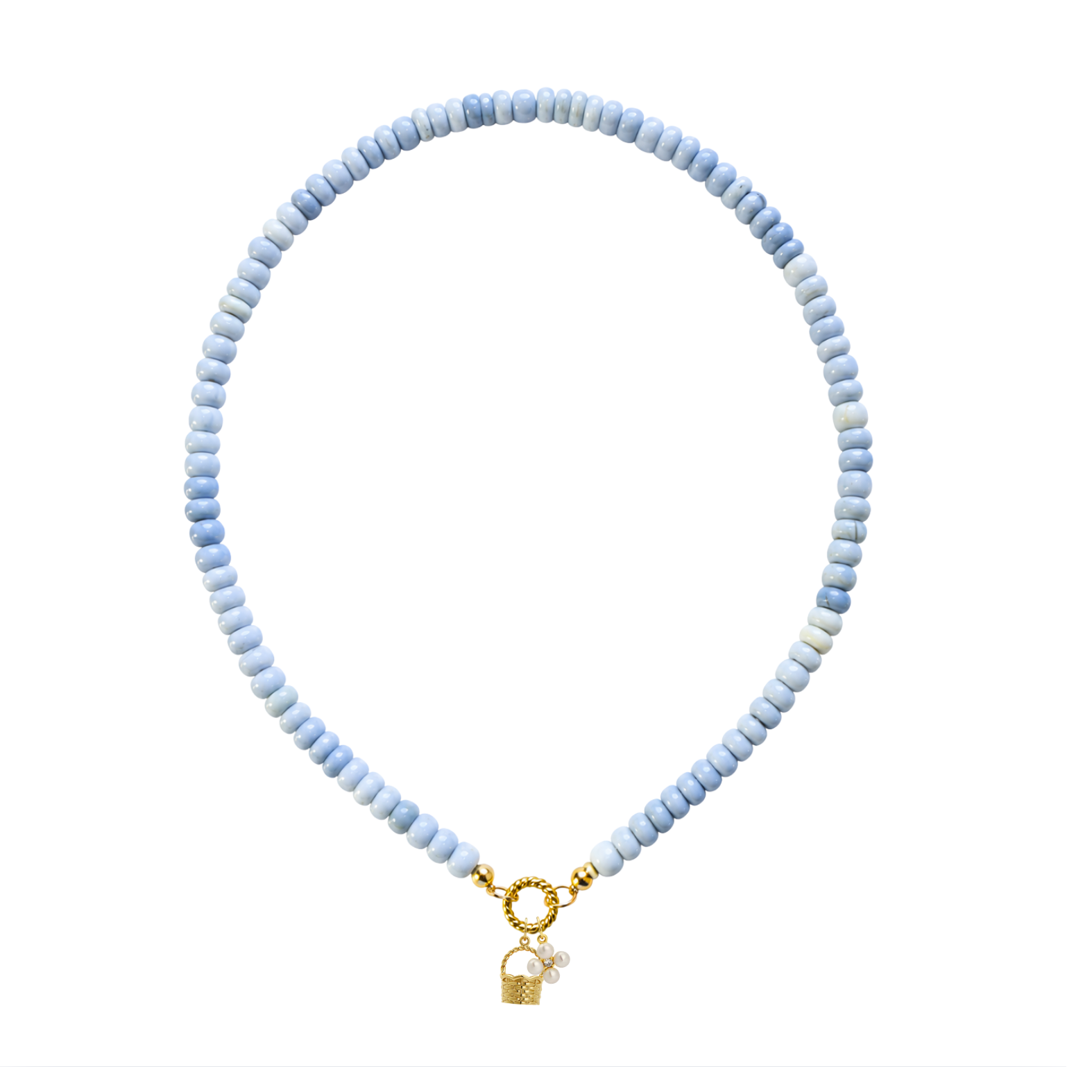 blue beaded necklace with gold and pearl charms