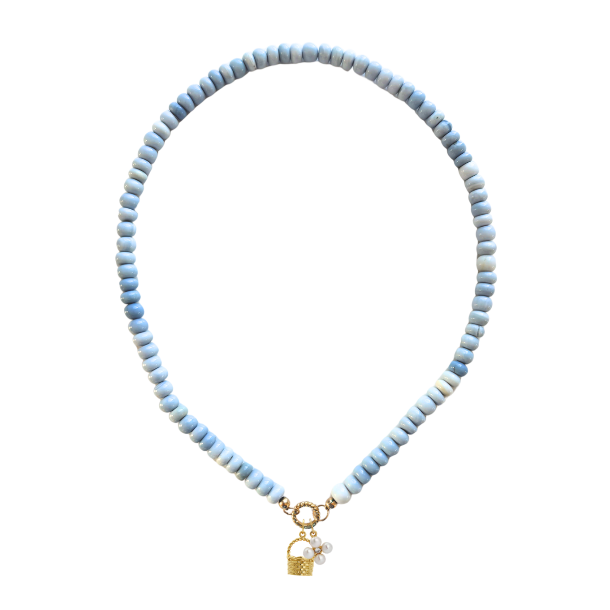 Necklace with light blue beads and a gold basket charm and a pearl floral charm on a white background