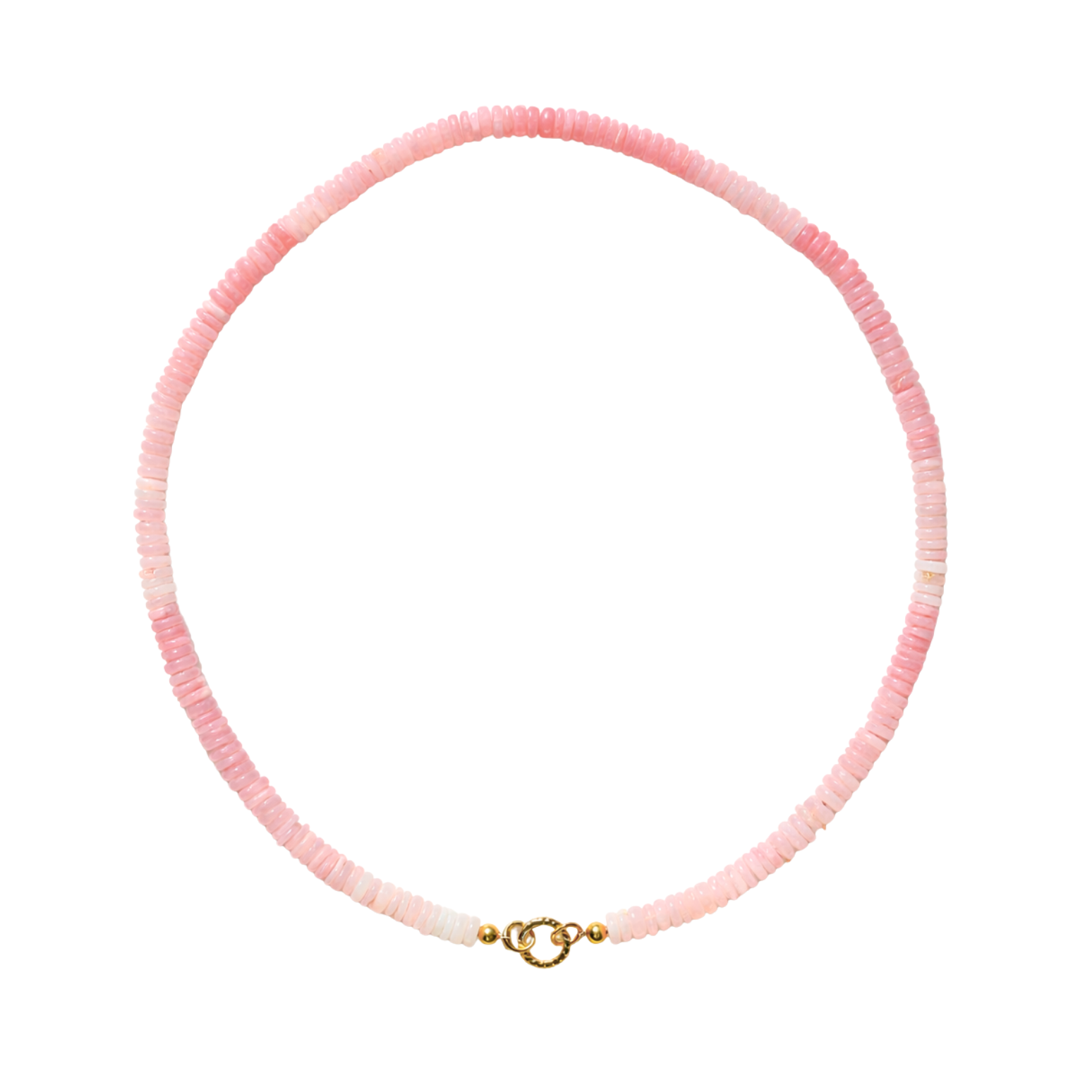 Pink beaded necklace with a gold clasp on a white background