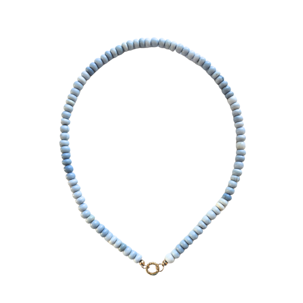Necklace with light blue beads on a white background