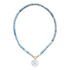 Necklace with light blue beads and a heart-shaped pendant on a white background