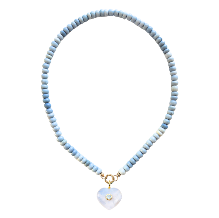 Necklace with light blue beads and a heart-shaped pendant on a white background