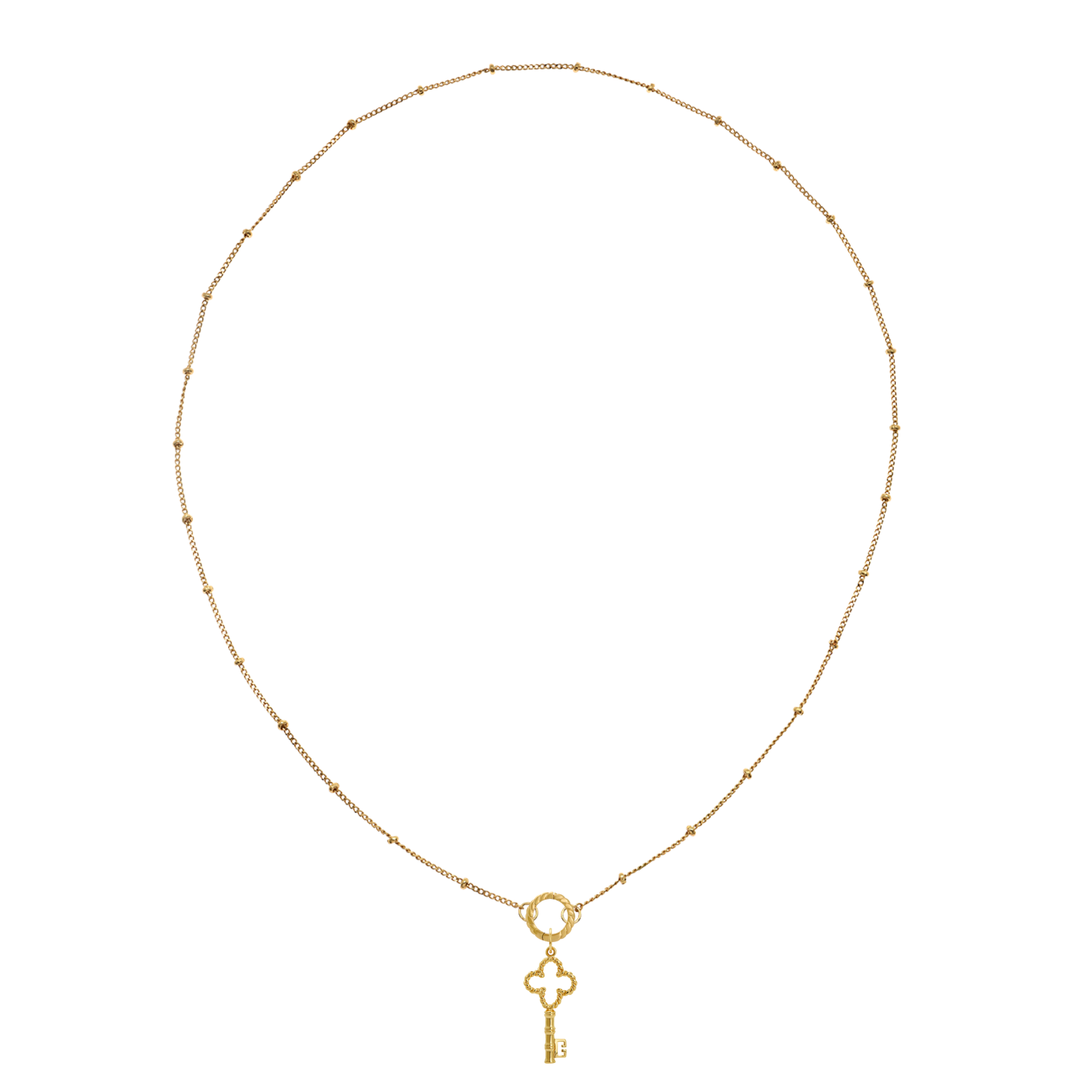 golden necklace with station beads a charm keeper and a key charm