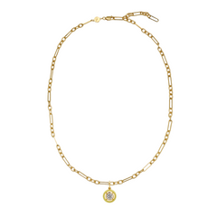 A gold chain necklace featuring elongated paperclip-style links and a small circular pendant with a central clear gemstone, shown on a plain white background.