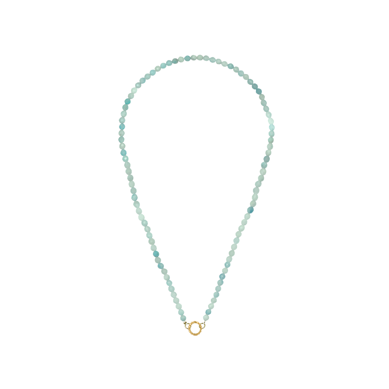 A beaded necklace made of small round beads in pale mint green and teal, with a small gold heart-shaped clasp at the bottom center, shown on a plain white background.