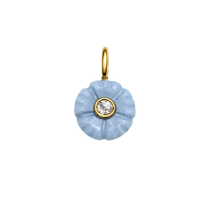 Blue floral pendant with a gold and clear gemstone on a white background