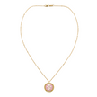 pink cameo pendant on a gold chain on white background