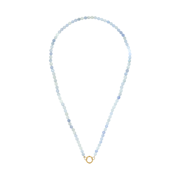 blue aquamarine necklace with golden charm keeper