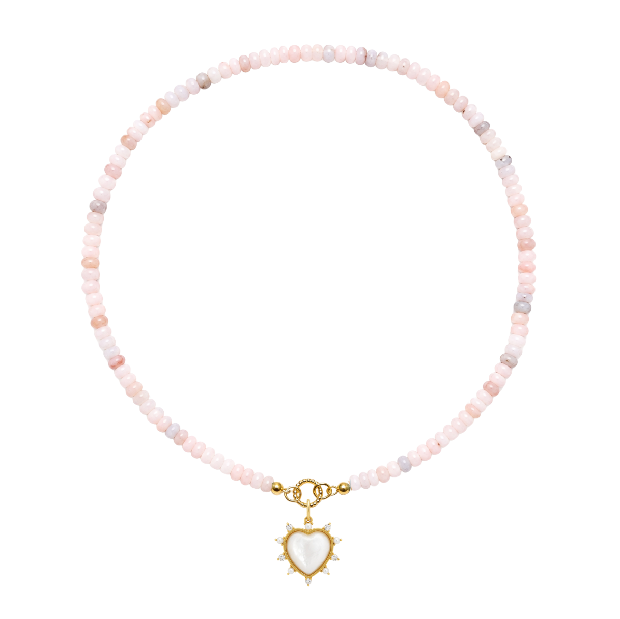 A delicate beaded necklace featuring pale pink, peach, and light gray beads, with a gold heart-shaped pendant containing a white mother-of-pearl center and small clear stones, shown on a plain white background.