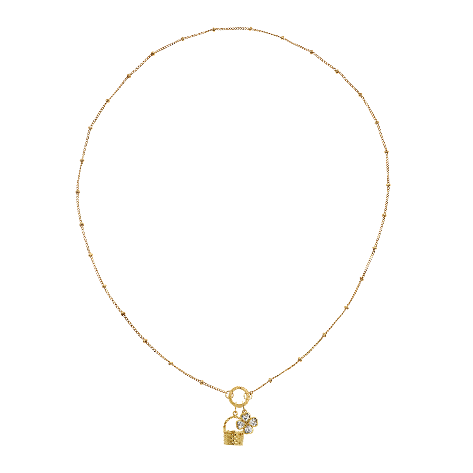 Golden necklace with a basket charm and clover charm on a white background