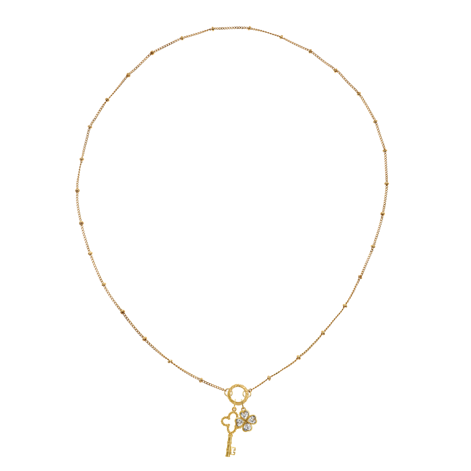 Golden necklace with a key-shaped charm and clover charm on a white background