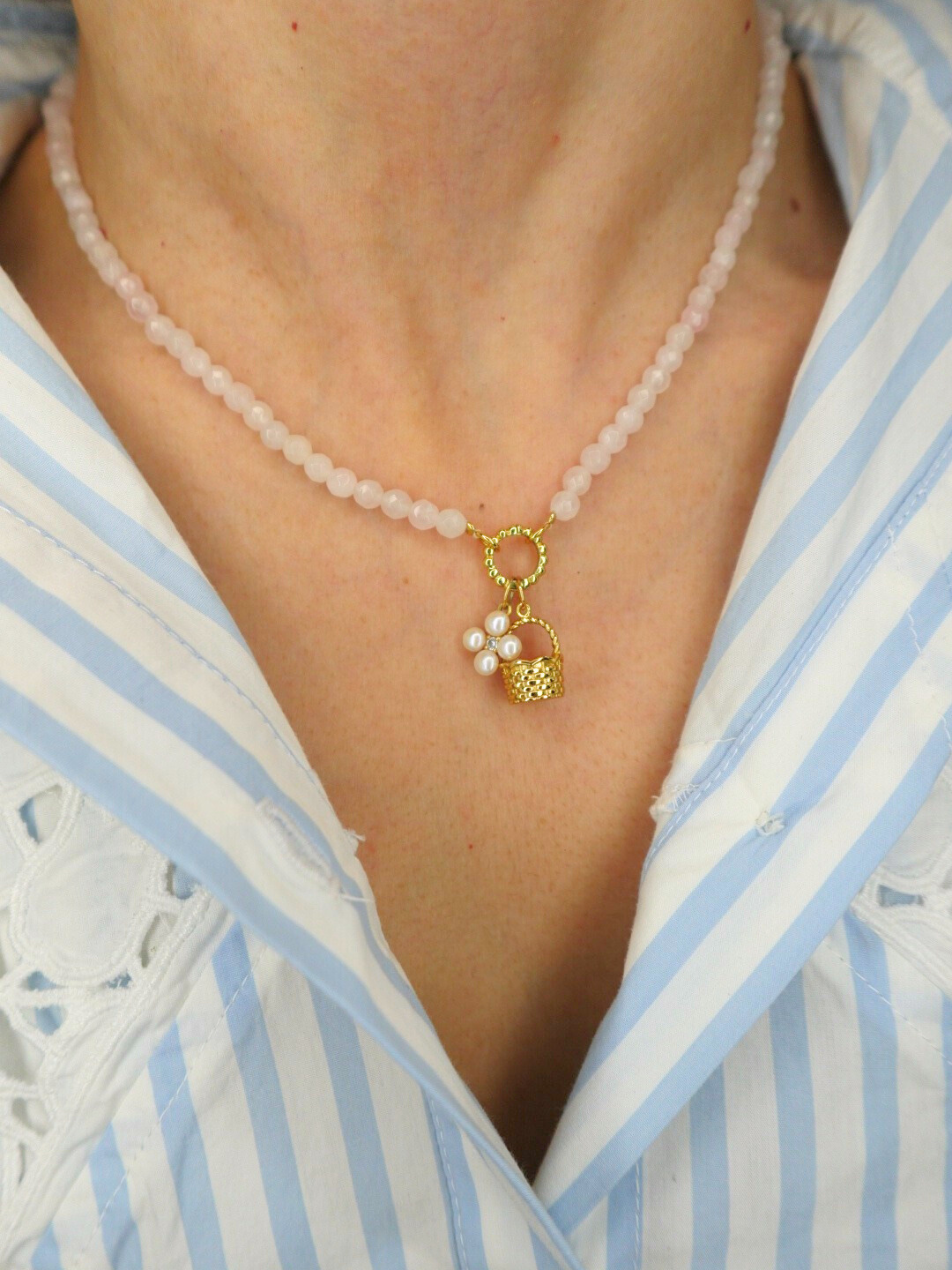 rose quartz necklace with a basket charm and pearl flower charm